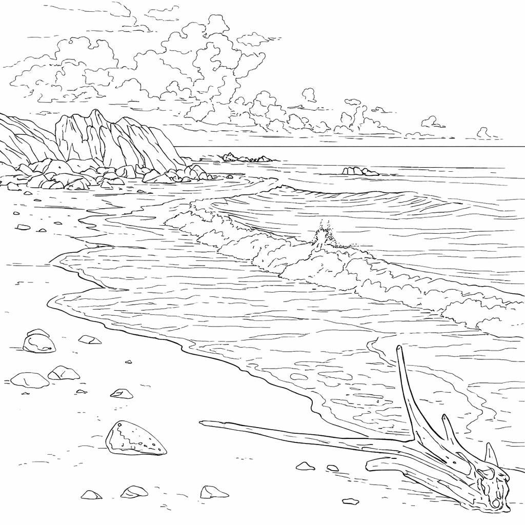 Black and white line drawing of a coastal scene with a dinosaur by the water.