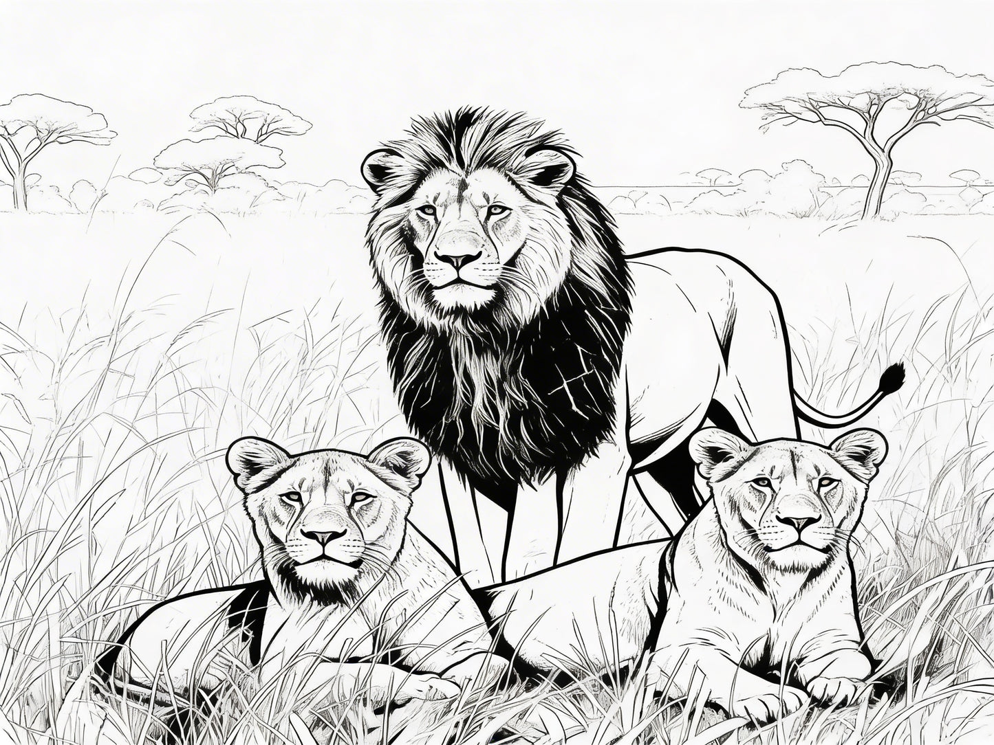 Black and white illustration of a lion and two lionesses in a grassy savannah.