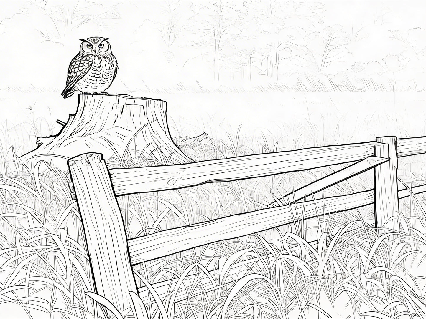 Black and white illustration of an owl on a stump with a fence and grass in the background
