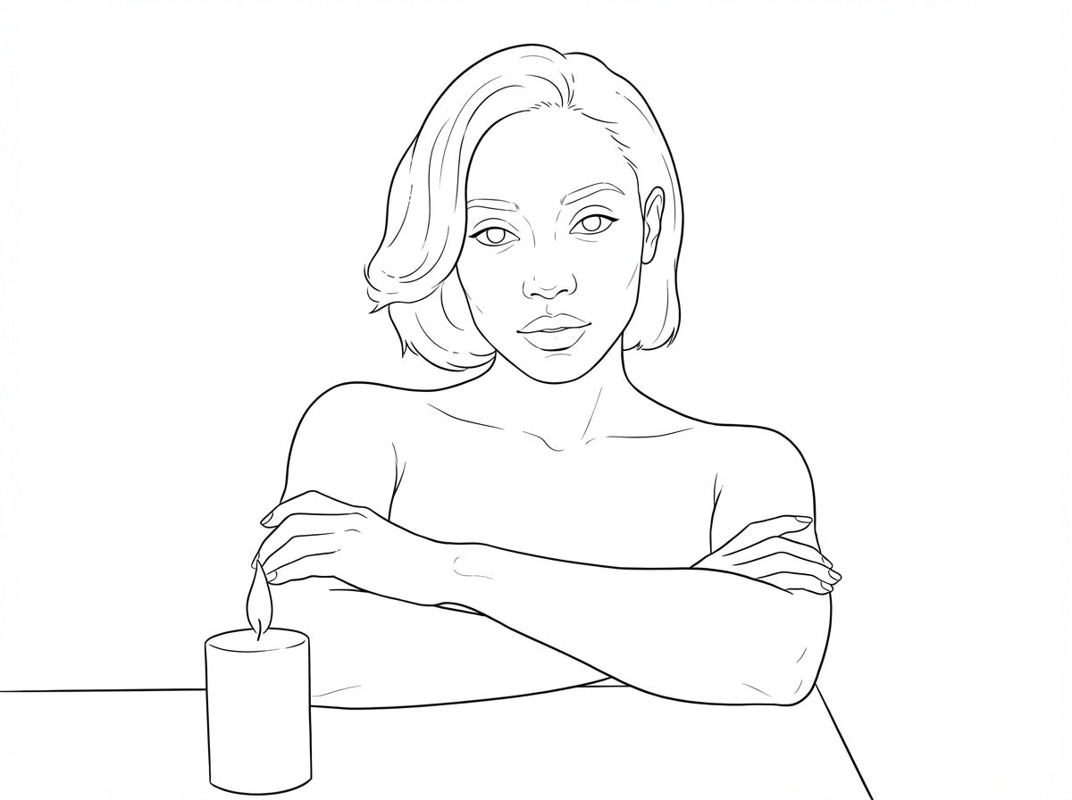 Line drawing of a woman holding a glass with a straw on a white background