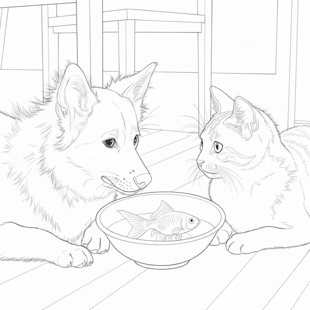 Line drawing of a dog and cat looking at fish in a bowl.