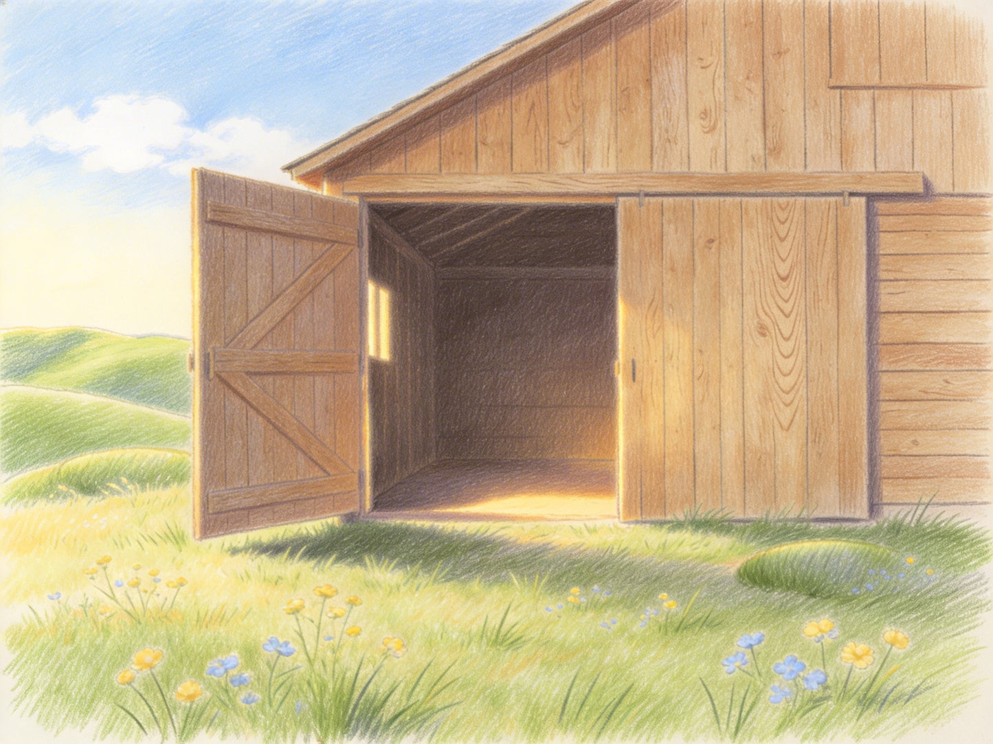 Open Barn in Sunlight – Beginner Colored Pencil Landscape Study | Digital Download
