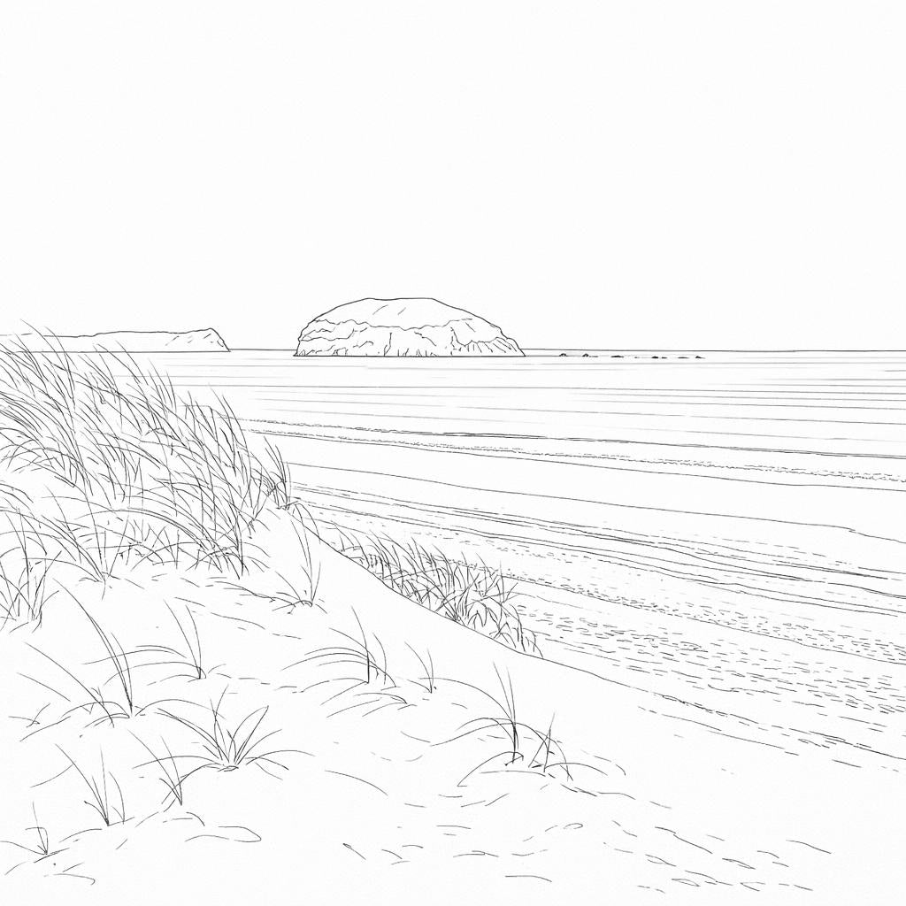 Line drawing of a beach scene with grass and a distant rock formation.