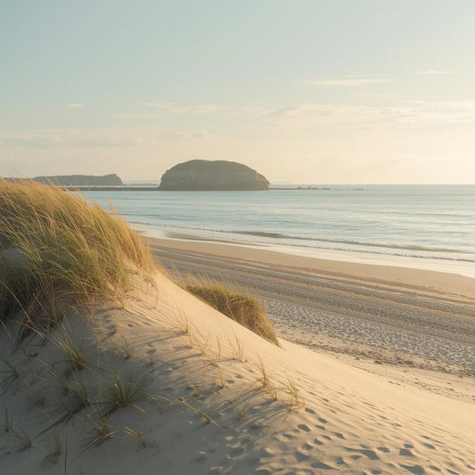 Beach scene with sand dunes and ocean view