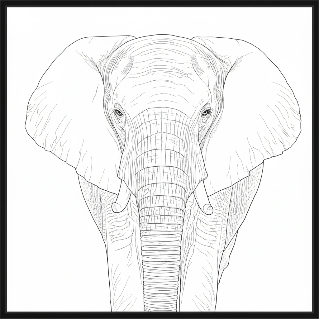 Black and white line drawing of an elephant on a white background