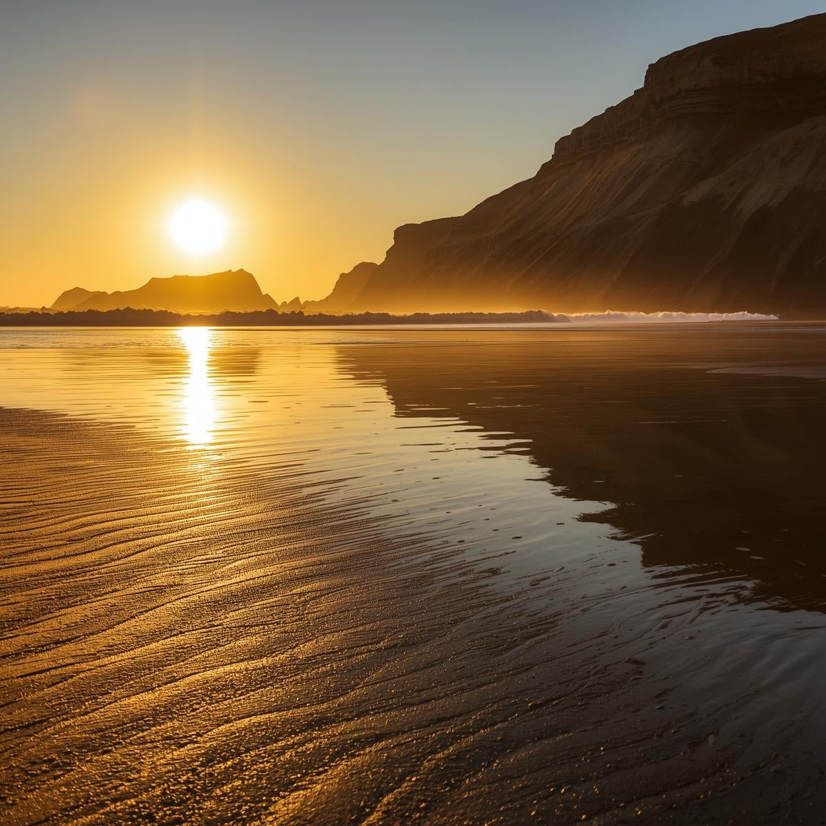 Sunset over a beach with cliffs and reflective water