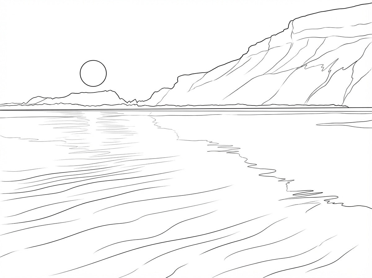 Line drawing of a mountain landscape with a lake and sun.