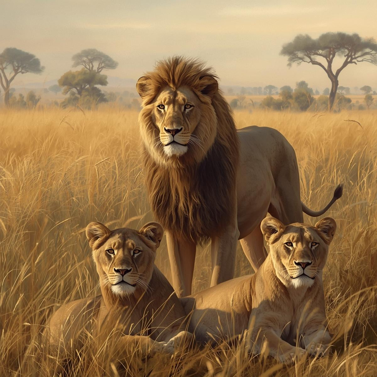 Three lions standing in a grassy savannah with trees in the background