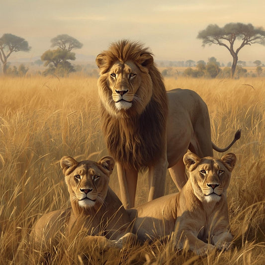 Three lions standing in a grassy savannah with trees in the background