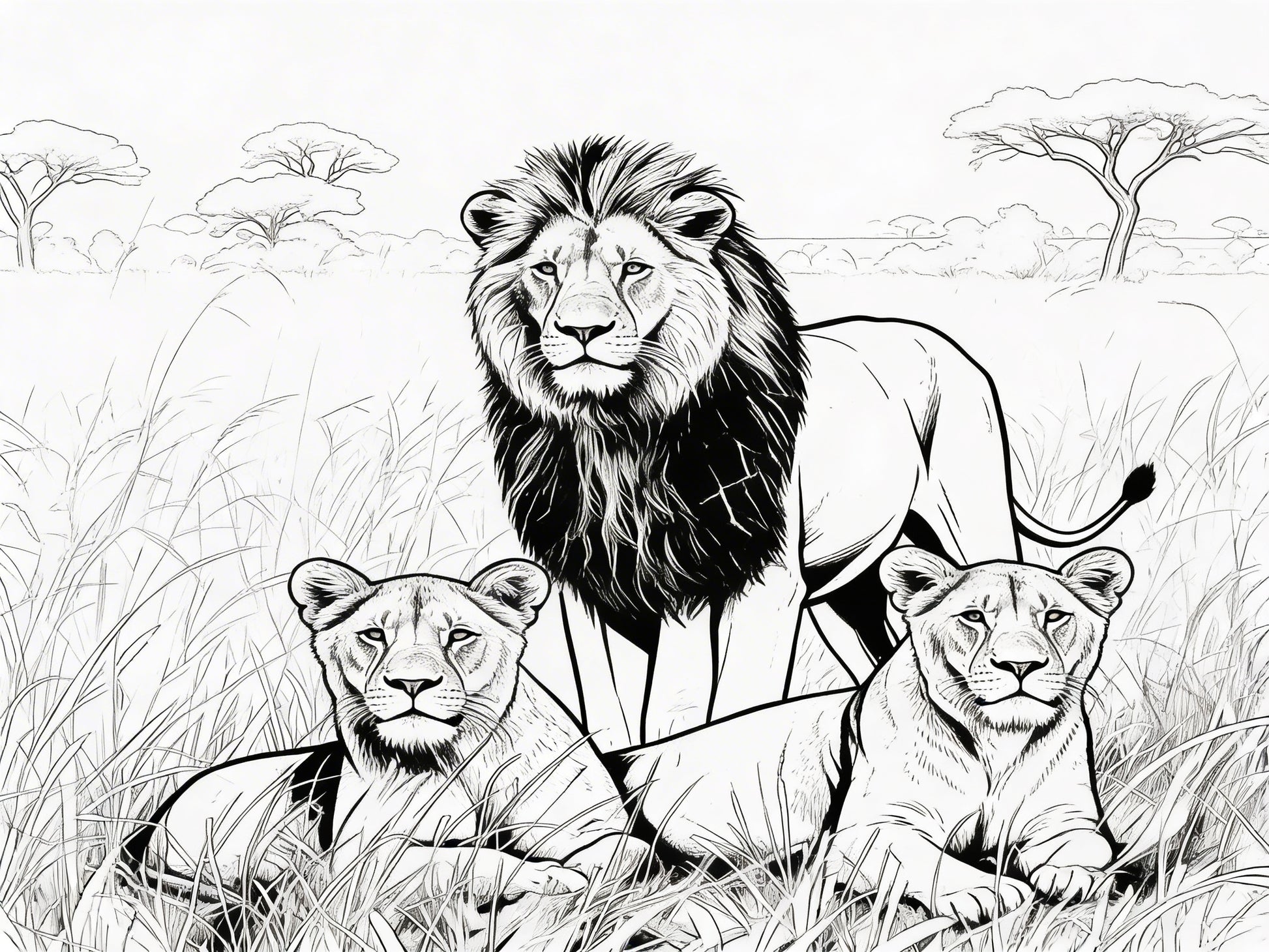 Black and white illustration of a lion and two lionesses in a grassy savannah.