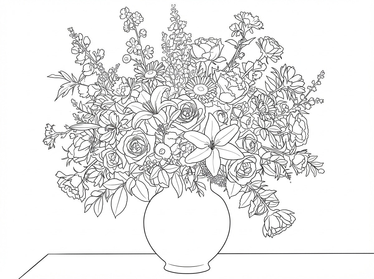 Line drawing of a bouquet of flowers in a vase on a white background