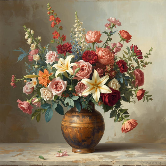 Vase of flowers on a wooden surface with a neutral background