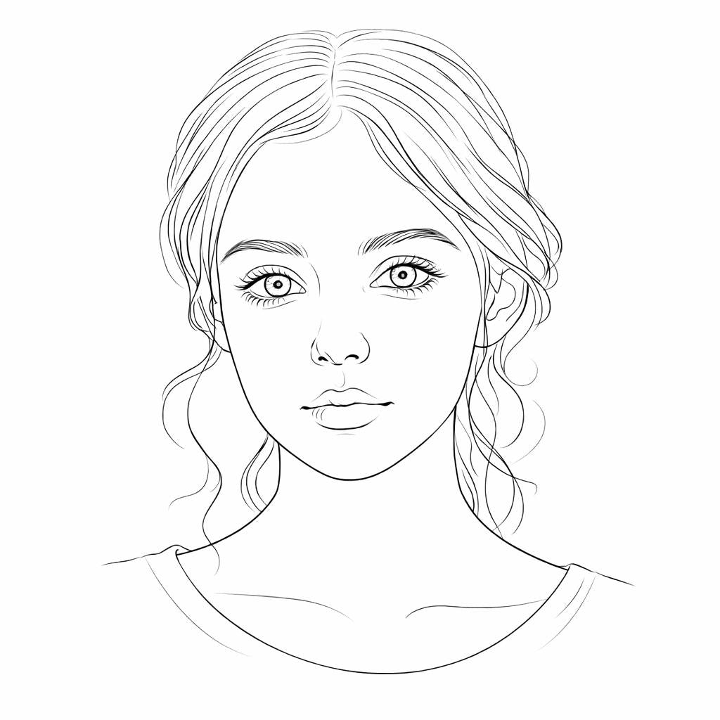 Line drawing of a woman's face with wavy hair on a white background