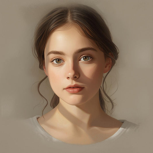 Portrait of a young woman with wavy hair against a neutral background