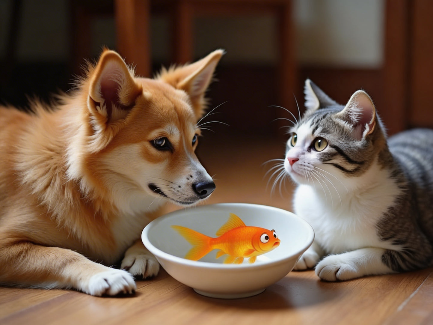 Dog and cat looking at a goldfish in a bowl on a wooden floor.