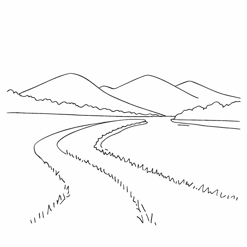 Line drawing of a landscape with mountains and a winding path.