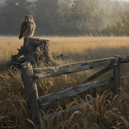 Owl perched on a stump in a grassy field with a wooden fence.