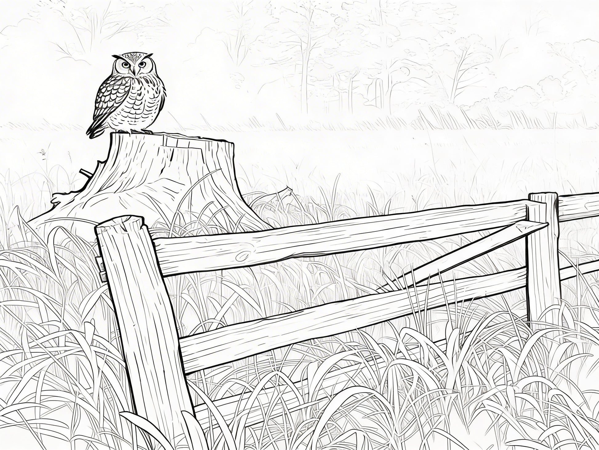 Black and white illustration of an owl on a stump with a fence and grass in the background