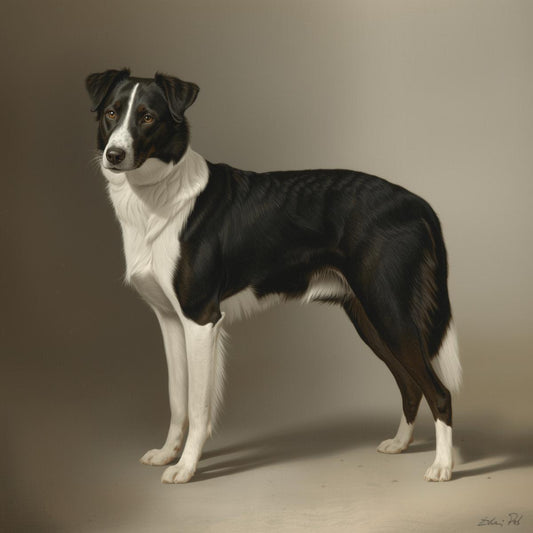 Black and white dog standing on a neutral background