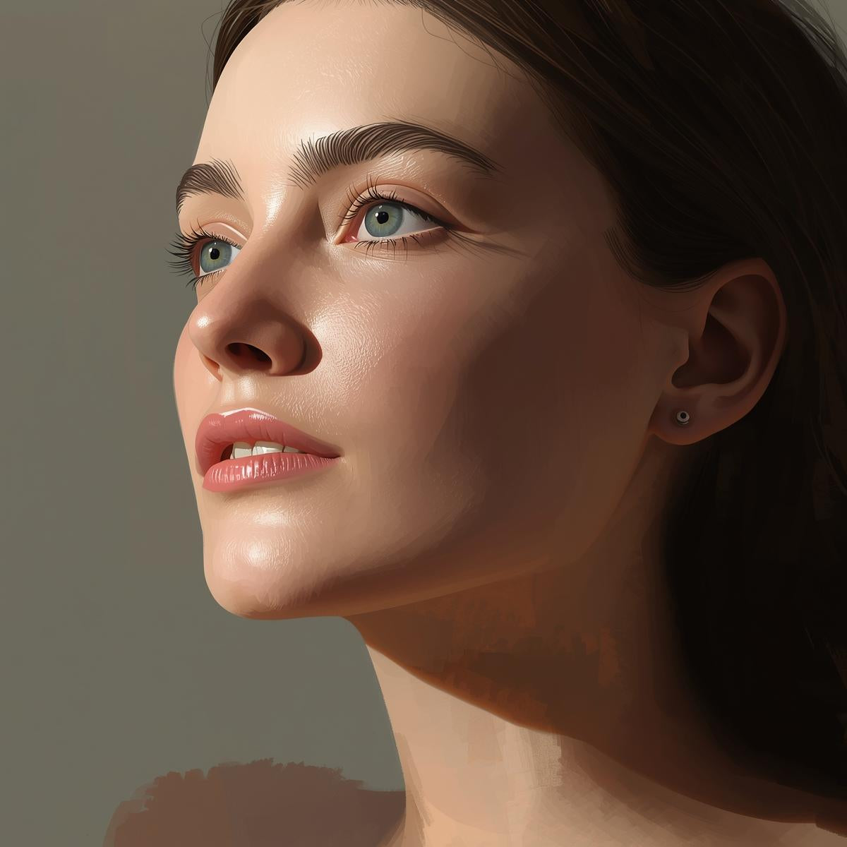 Close-up of a woman's face with a neutral background