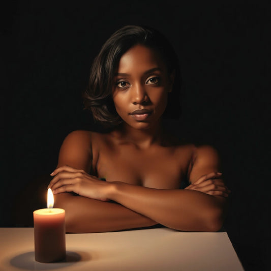 Woman with crossed arms next to a lit candle in a dark setting
