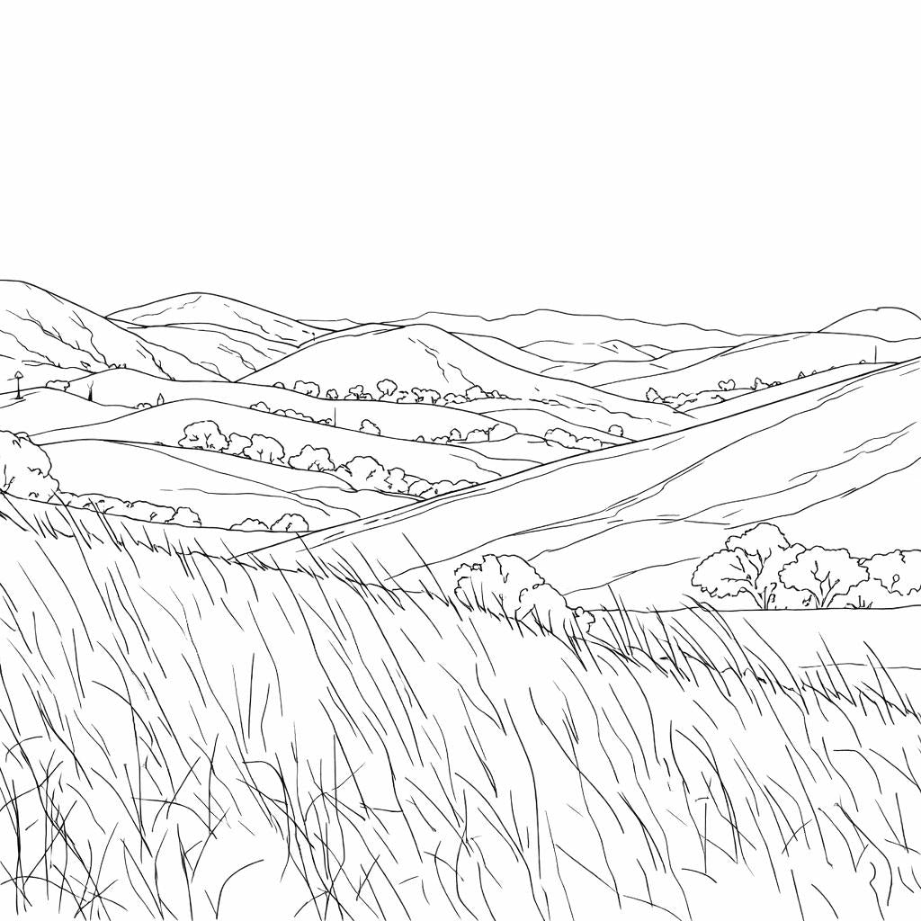 Line drawing of a landscape with rolling hills and grass.