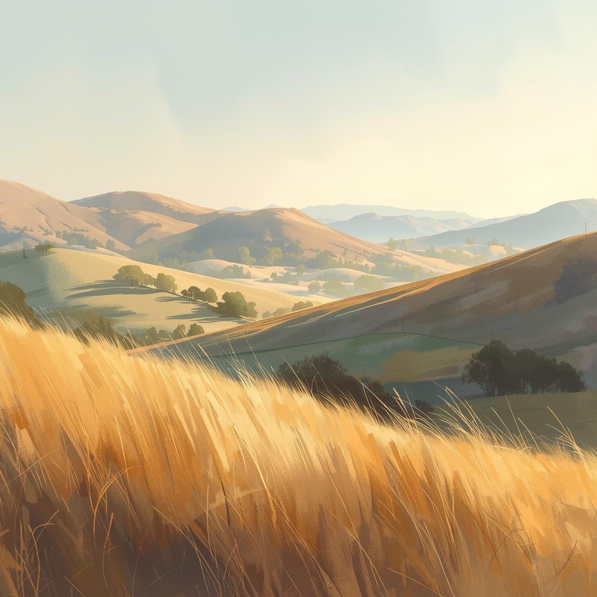 Hilly landscape with golden grass in the foreground